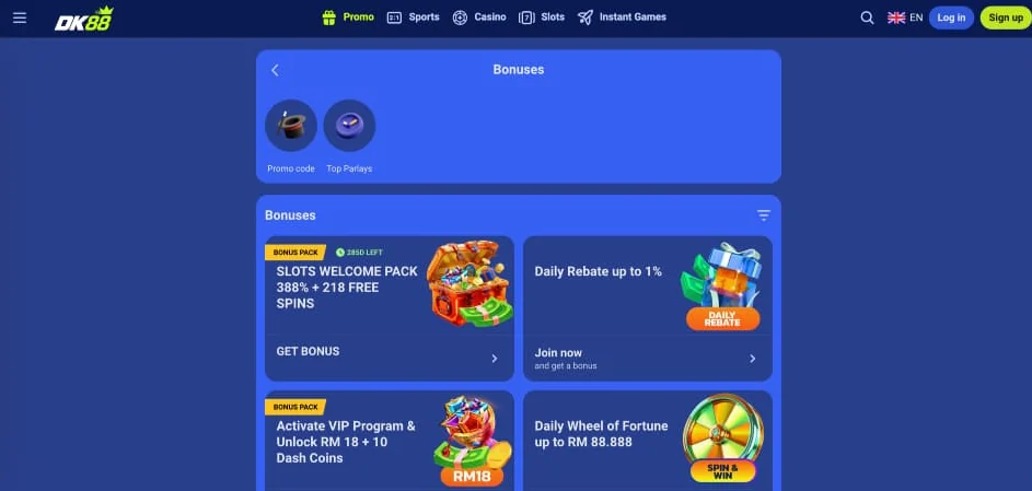 Bonus page with welcome offer cards and activation buttons