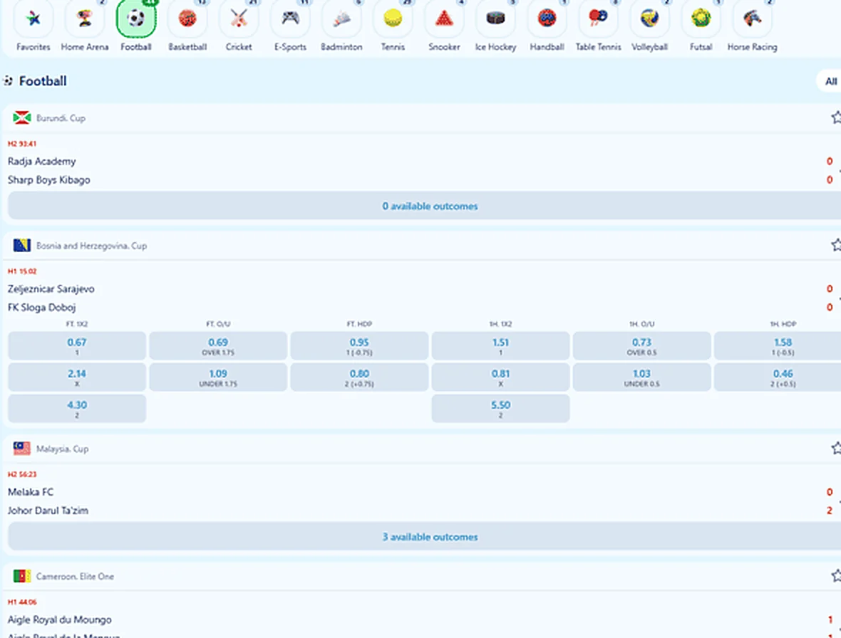 Football match list with odds buttons for home, draw and away