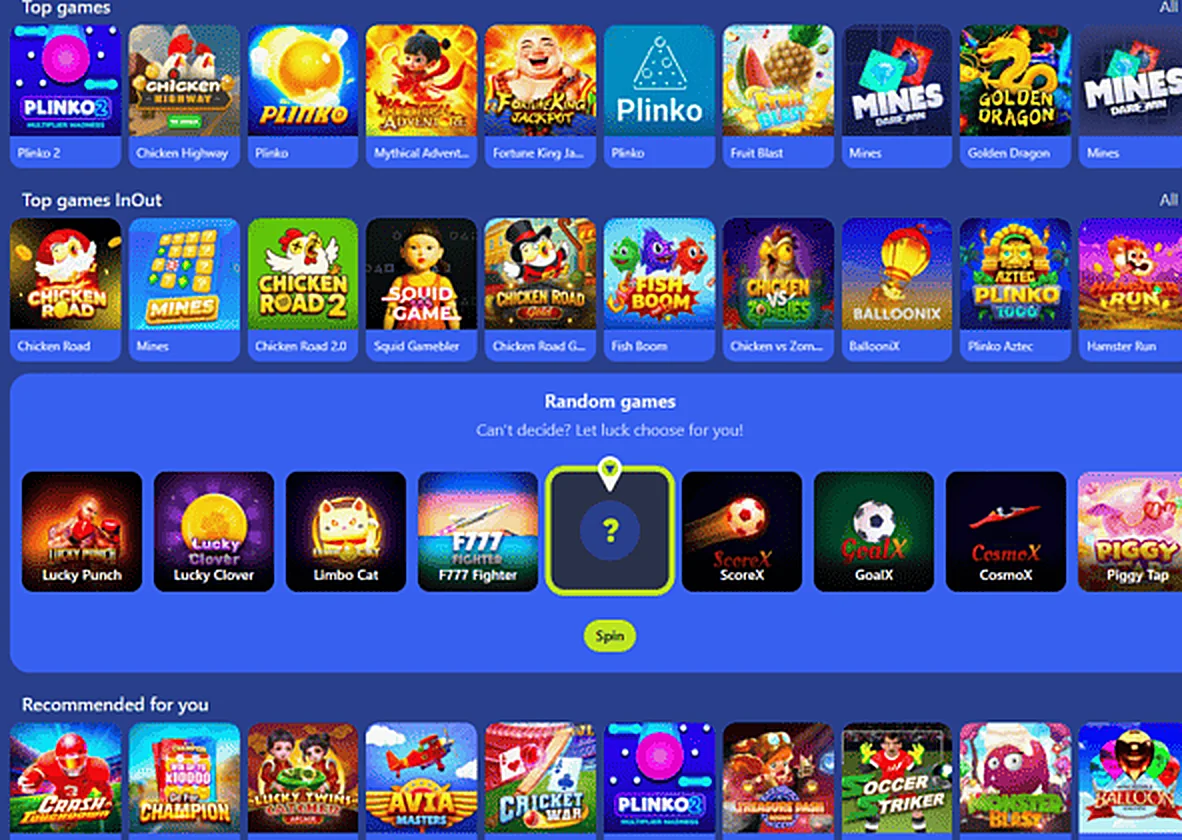 Instant games lobby with crash and Plinko-style tiles