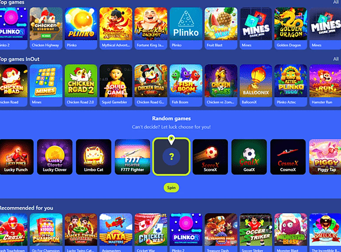 Instant games section of the casino menu with game tiles