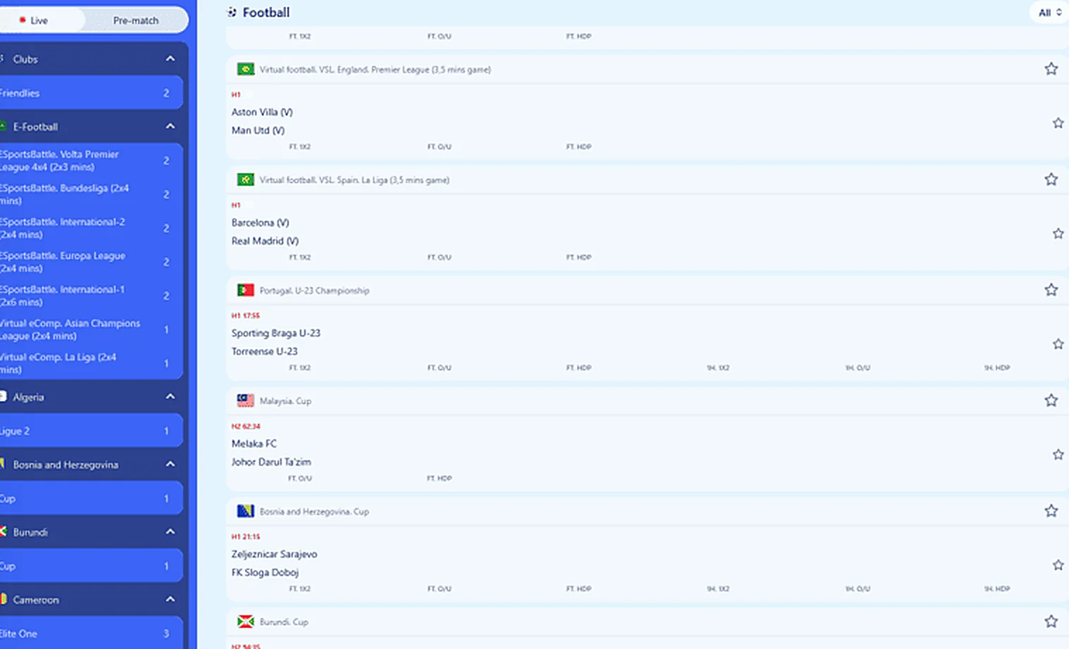 Live betting market with changing odds and a match clock
