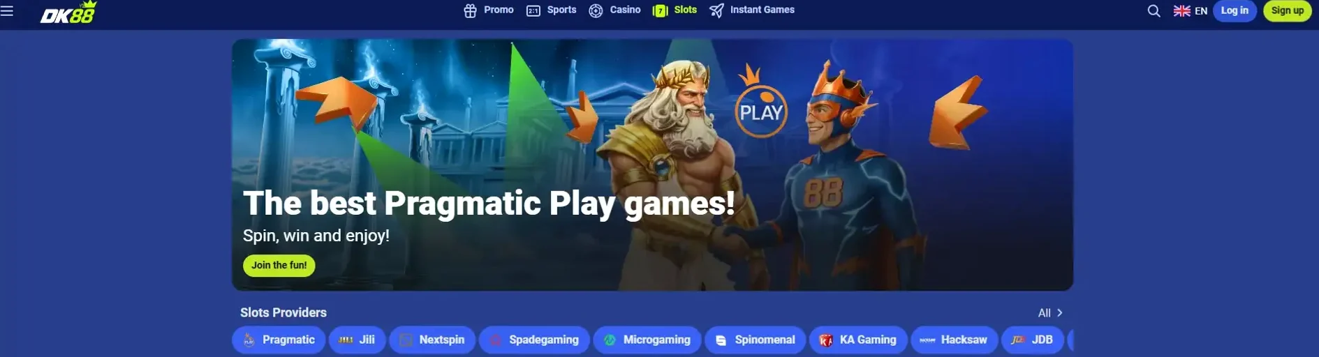 Main casino lobby with slot, live and instant game categories
