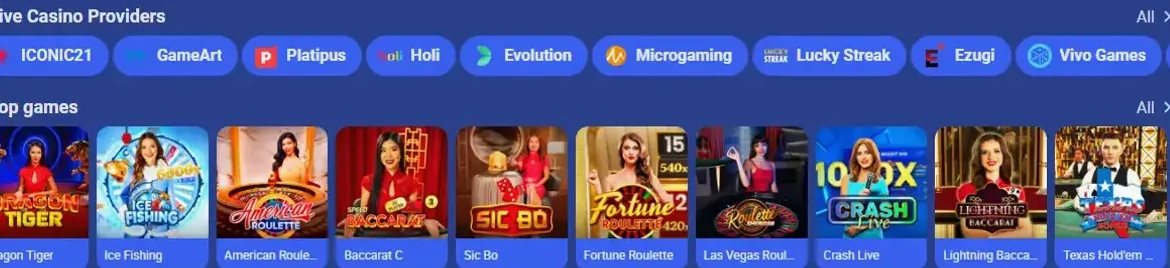 Provider filter screen listing studio names above a game grid