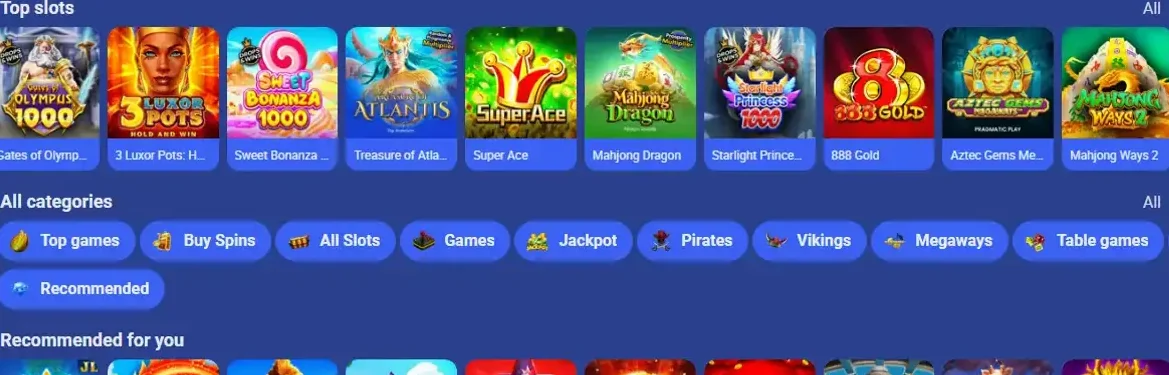Slots catalogue grid with game thumbnails and a demo button